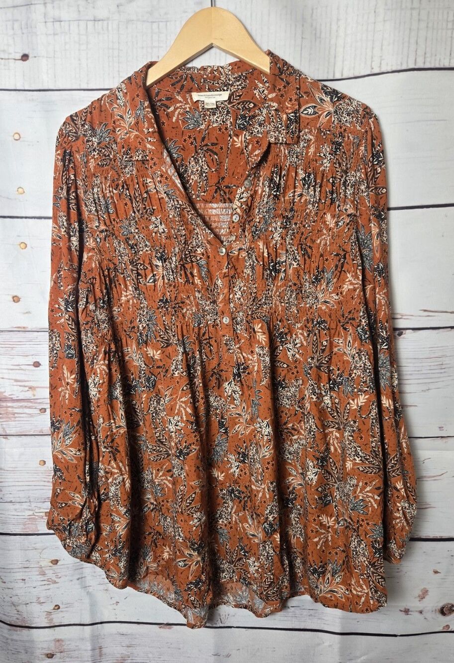 Beach lunch lounge Womens Top XL Rust Brown Leopard Print Smocked Tunic Boho